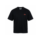 Black t-shirt with a red logo on a white background