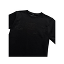 Black t-shirt with text on a white background